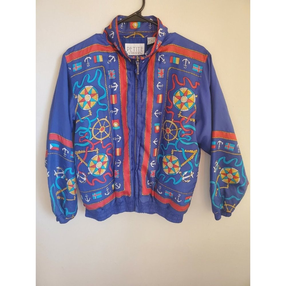 Vintage Nautical Anchor  Silk Bomber Jacket Petite Sophisticate Wind Breaker Sm